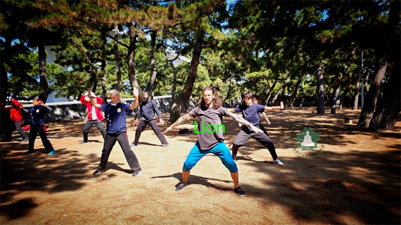 International student training kung fu in Japan, practicing movements at Japan Osaka Kung Fu School in Osaka