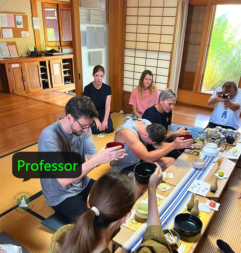 Professor George experiencing a traditional Japanese tea ceremony during his martial arts retreat at Japan Osaka Kung Fu School
